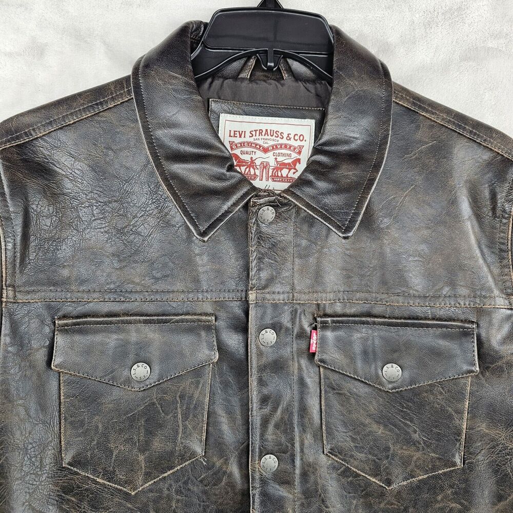 Levi's‎ Faux Leather Jacket Mens Medium Brown Trucker Moto Coat - Picture 2 of 7